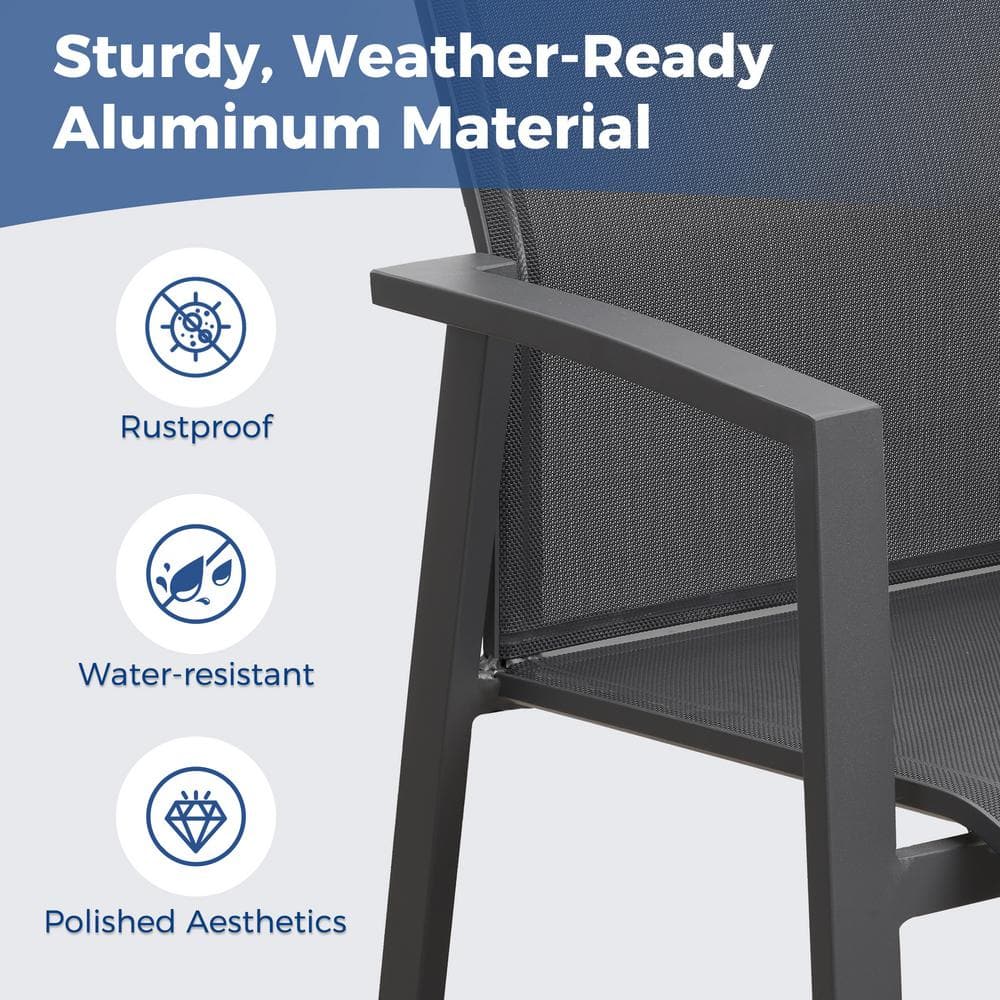 Grey Aluminum Stackable Patio Dining Armchairs, Set of 4