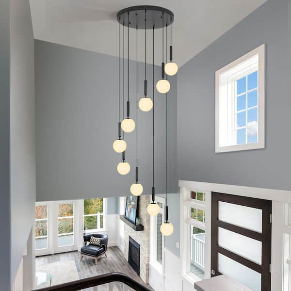 Home Lighting 40W 9-Light Mid Century Black Retro Round Chandeliers with Globe Milky White Glass for Foyer Entryway