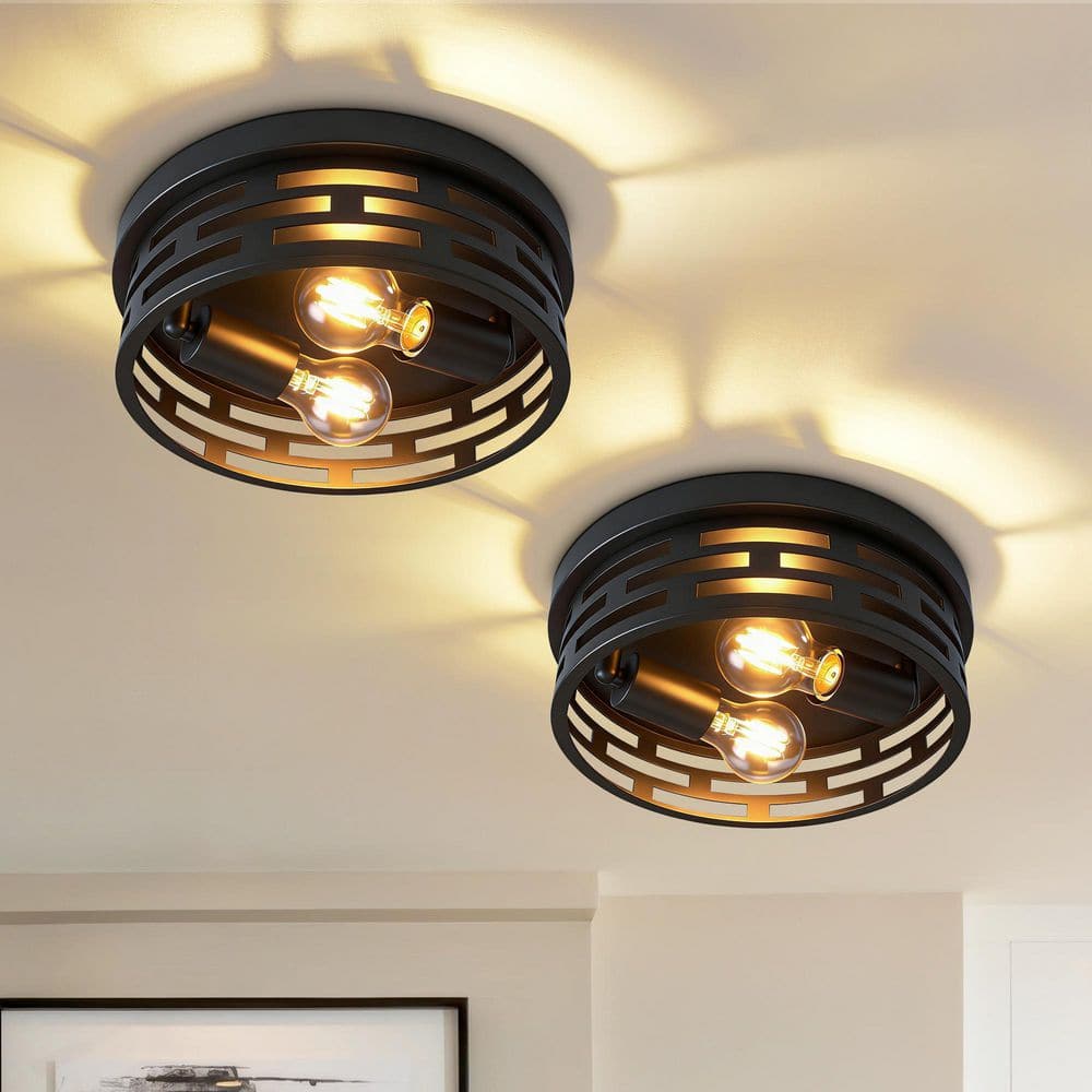 11 in. 2-Light Farmhouse Matte Black Parallel Cutout Cage Flush Mount Ceiling Light for Kitchen, Hallway (2-Pack) price history on PriceWatchPro