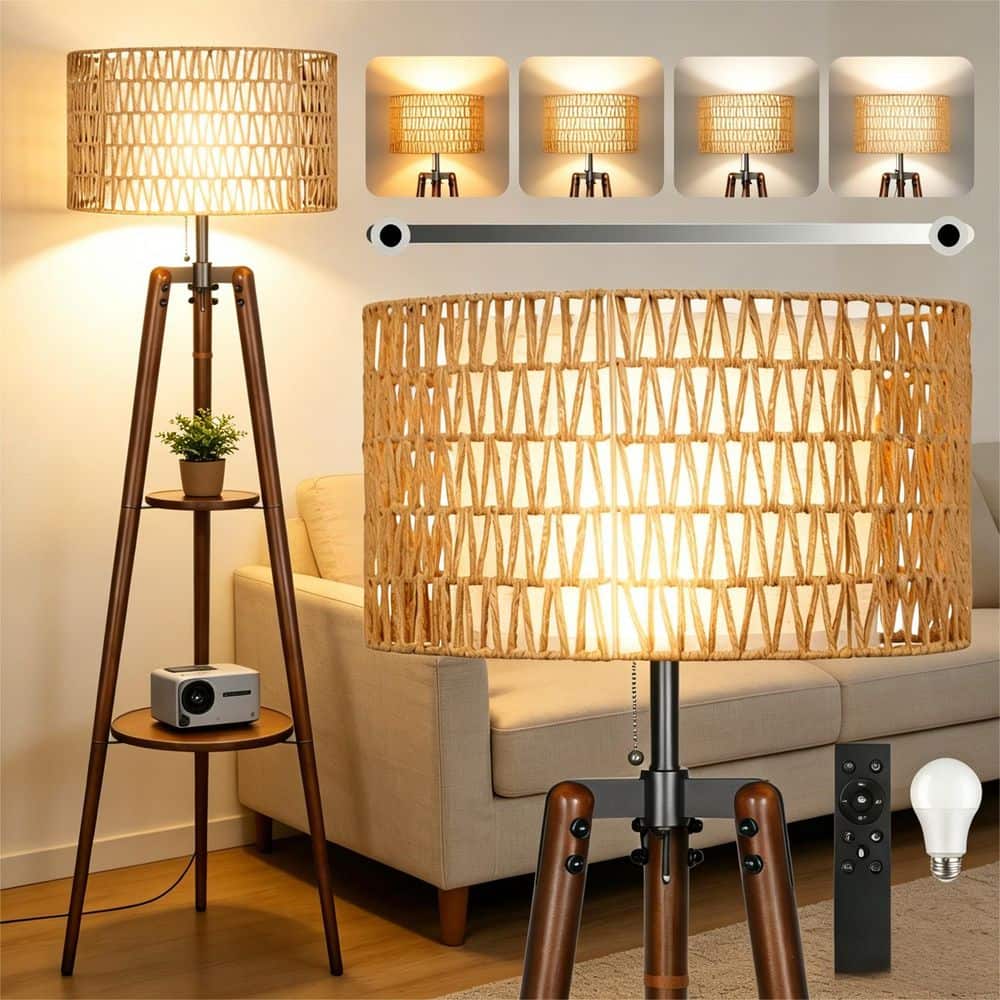 BICIK 61 in. Walnut 1-Light Dimmable Tripod Floor Lamp with Rattan
