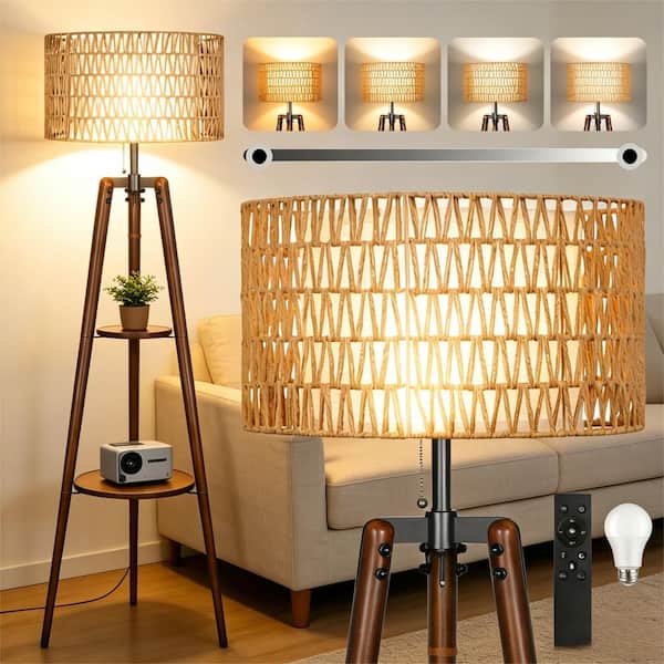 61 in. Walnut 1-Light Dimmable Tripod Floor Lamp with Rattan and Fabric Shades