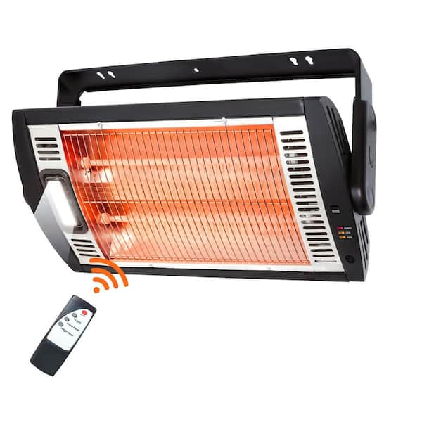 1500W Indoor Radiant Quartz Ceiling Mount Heater w Halogen Work Light, 90°Rotation, Remote Control for Garage Shop Patio