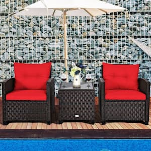 3-Piece Wicker Patio Conversation Set Rattan Furniture Set with Red Washable Cushion