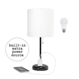 19.5 in. White Shade Black Stick Table Desk Lamp for Bedroom with Charging Outlet and LED Bulb Included
