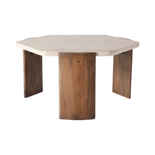32 in. Brown Hexagon Stone Mango Wood Curved Three Legs Coffee Table