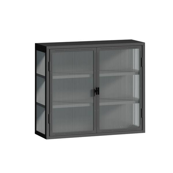 Unbranded 3-Shelf Metal Pantry Organizer with Two Glass Doors in Dark Gray