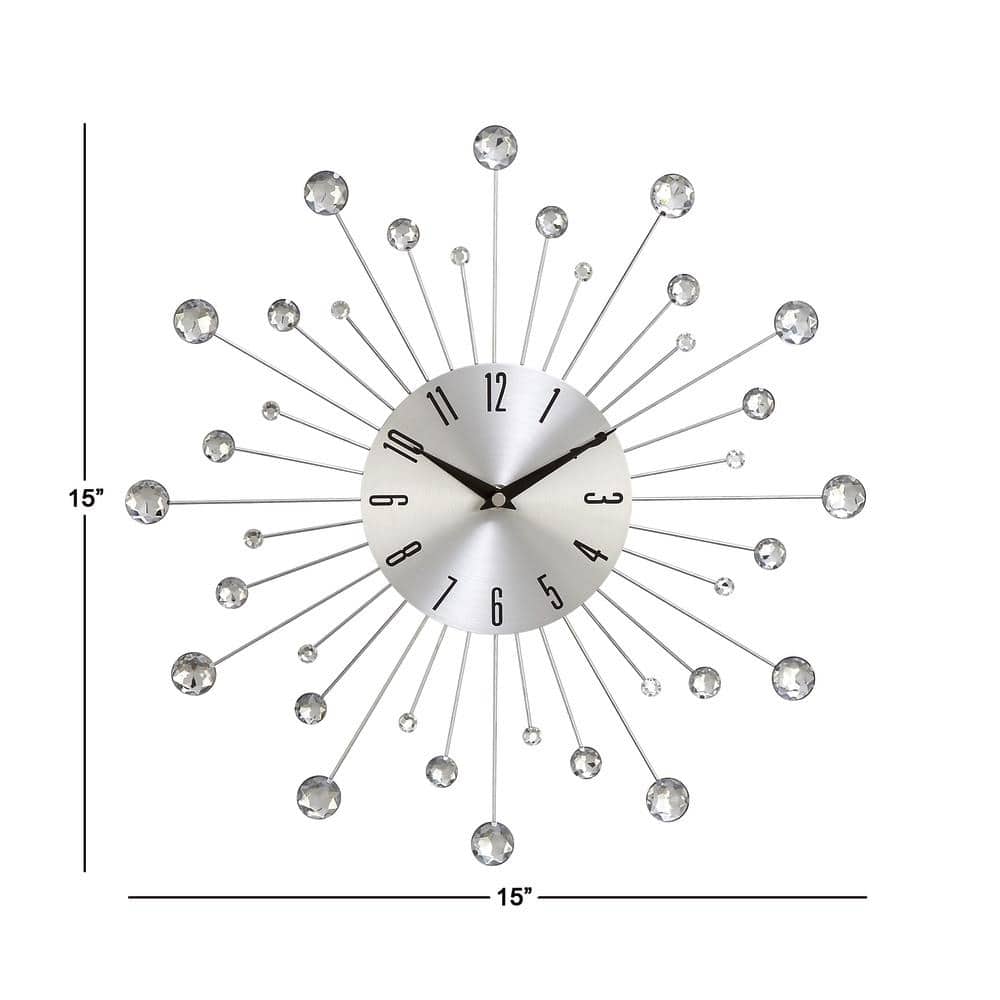 Silver Metal Starburst Wall Clock with Crystal Accents