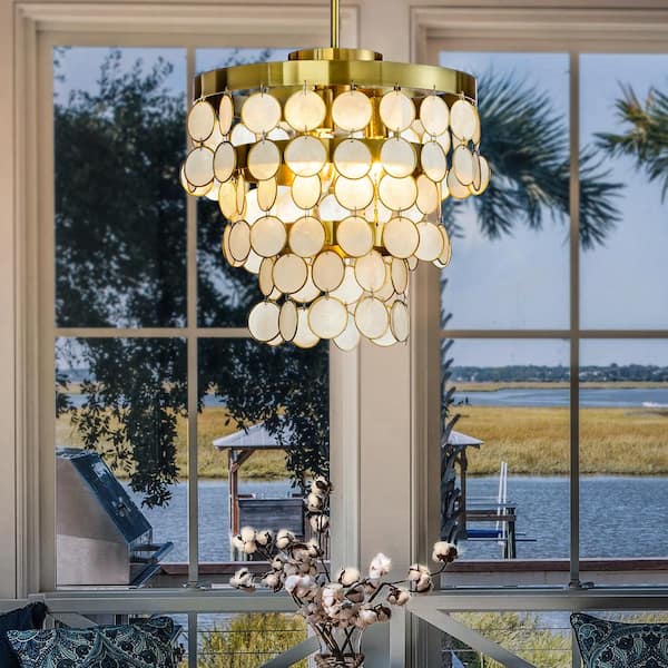 3-Light 13.8 in. Round Coastal Capiz Shells Tiered Antique Gold Chandelier  With Natural Seashell