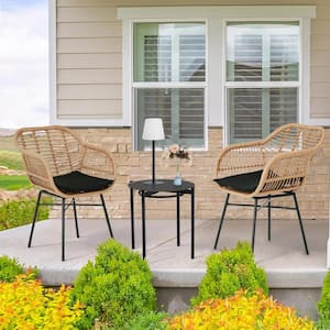 3-Piece All-Weather Wicker Outdoor Bistro Set, Patio Conversation Set with Black Cushion For Garden, Terrace, Backyard