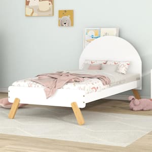 White Twin Size Wooden Platform Bed with Curved Headboard and Shelf Behind Headboard