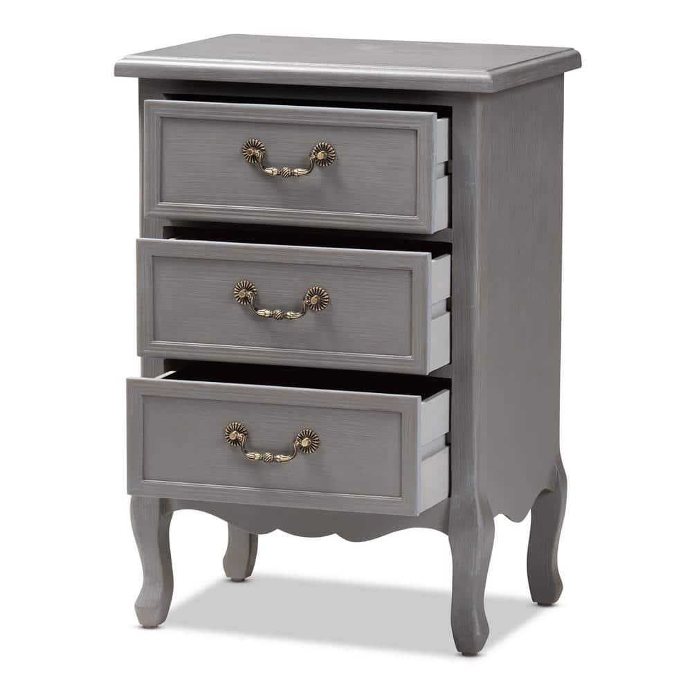 Gray Fir and Engineered Wood 3-Drawer Nightstand with Cabriole Legs