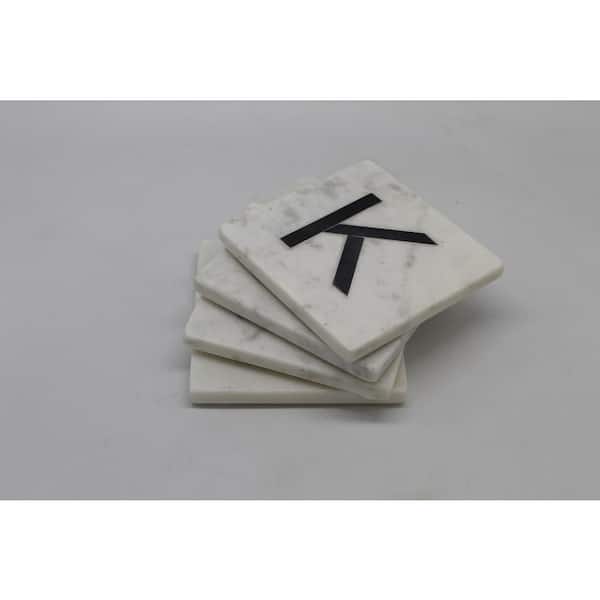 Jodhpuri White Marble Coasters with Black Marble Monogram "K" (4 pc set)