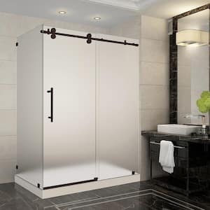 Langham 60 in. x 35 in. x 77.5 in. Frameless Corner Sliding Shower Door with Frosted Glass in Bronze, Right Drain