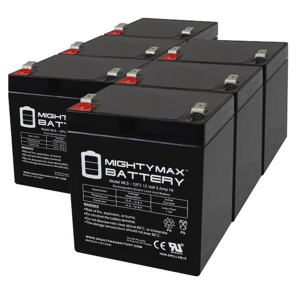 MIGHTY MAX BATTERY 12V 5Ah F2 SLA Replacement Battery for Mircom FA-102T Fire Alarm - 6 Pack