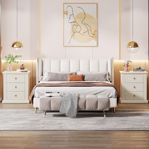 Mayville 2-Piece Beige Wood 3-Drawer Nightstand Storage Drawers Modern Bedside Table Side End Table Bedroom (Set of 2)