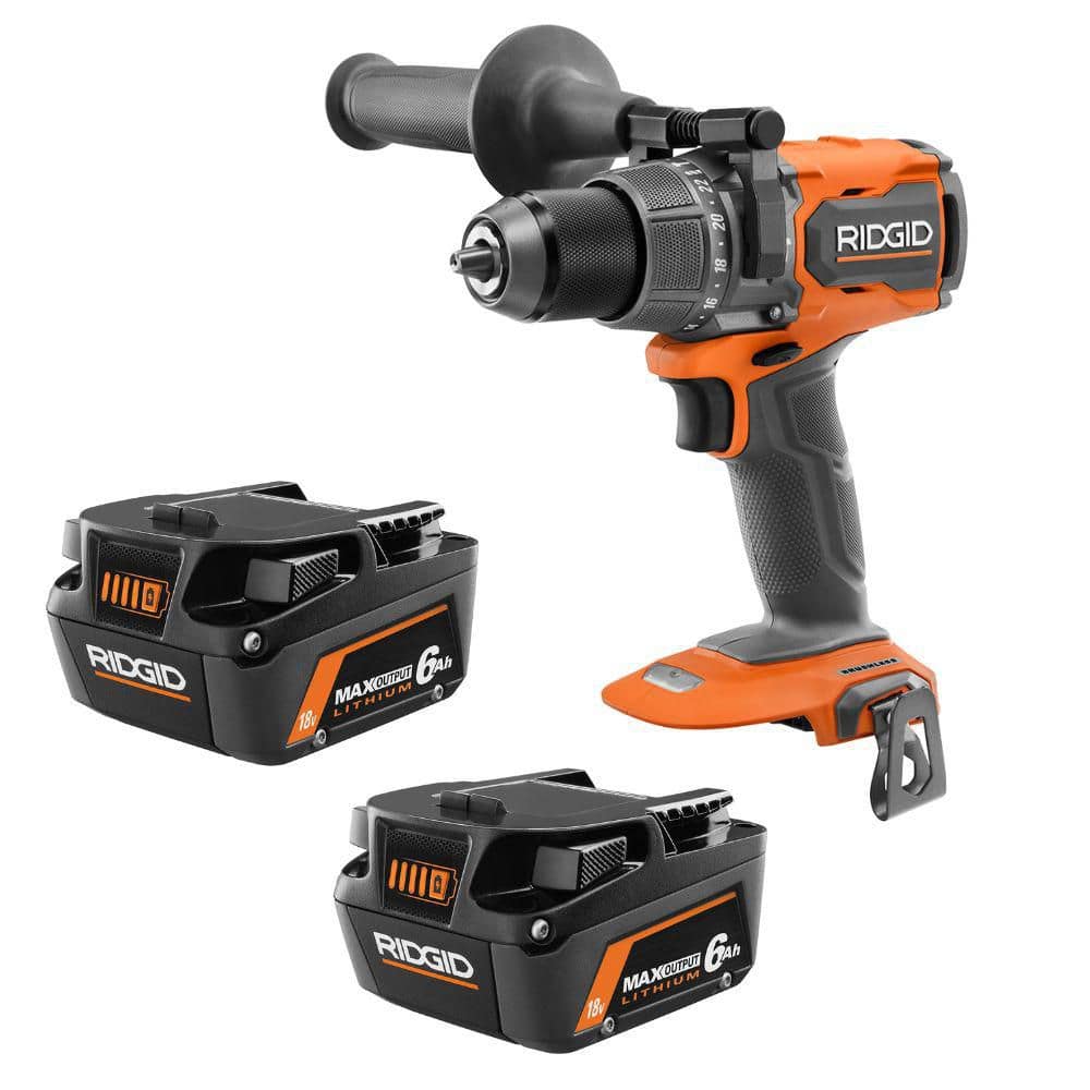RIDGID 18V 6.0 Ah MAX Output Lithium-Ion Batteries (2-Pack) with 18V Brushless Cordless High Torque Hammer Drill (R840060PR861152)