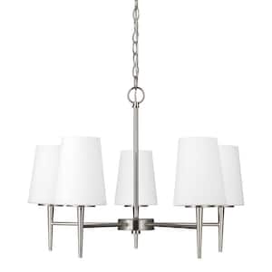 Driscoll 5-Light Brushed Nickel Mid-Century Modern Hanging Chandelier with Inside White Painted Etched Glass