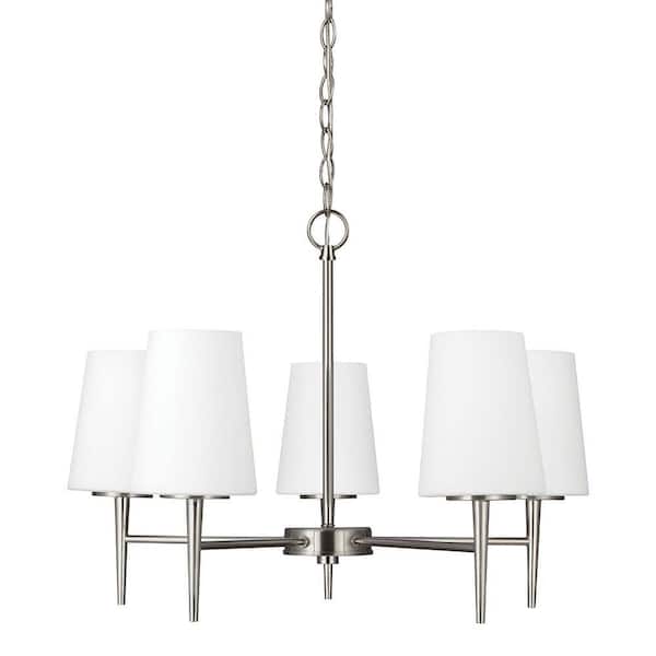 Generation Lighting Driscoll 5-Light Brushed Nickel Mid-Century Modern Hanging Chandelier with Inside White Painted Etched Glass