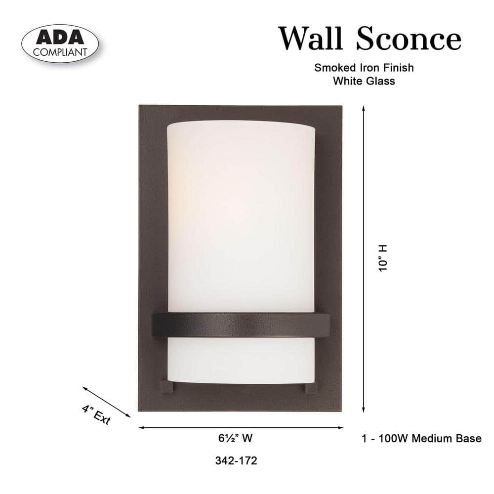 Smoked Iron and Etched Opal Glass Cylinder Wall Sconce