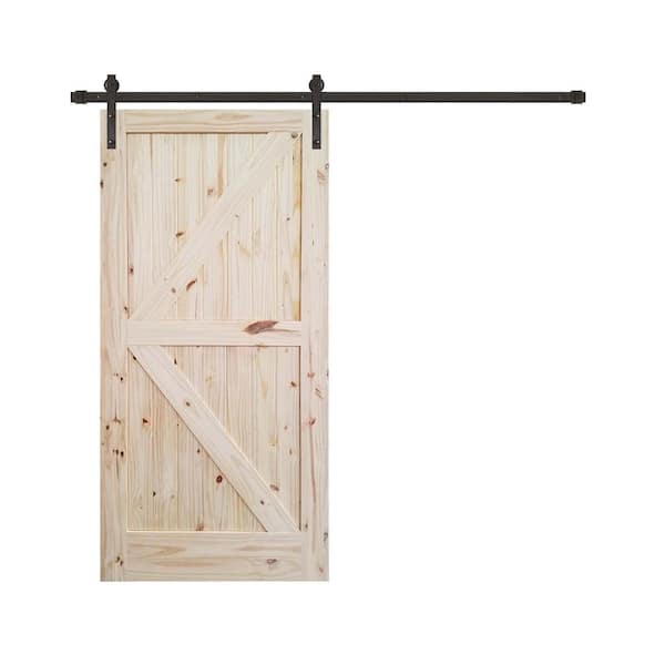 Pacific Entries 36 in. x 84 in. Rustic Unfinished 2-Panel V-Groove Pine Wood Interior Barn Door with Oil Rubbed Bronze Hardware Kit