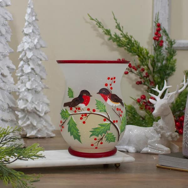 Northlight 8 in. White Hand Painted Finches and Pine Flameless Glass Candle Holder