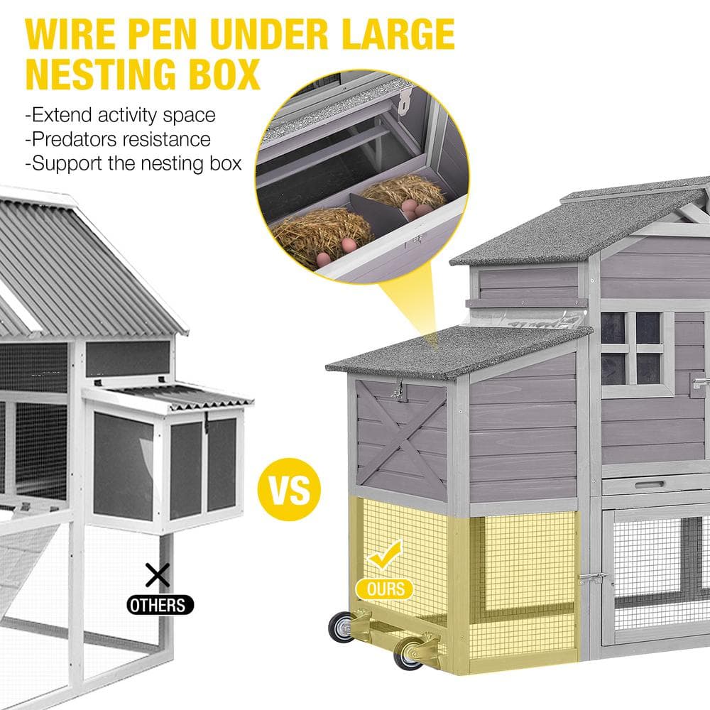 Gray Wooden Mobile Chicken Coop with Nesting Box and Wheels