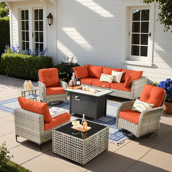 HOOOWOOO Holston 9-Piece Wicker Modern Outdoor Patio Fire Pit Conversation Sofa Set with Swivel Chairs and Orange Red Cushions