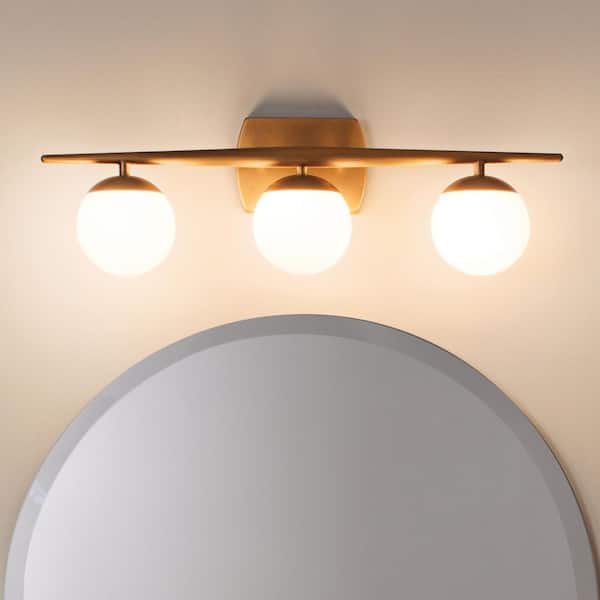 Jasper 24.5 in. 3-Light Natural Brass Halogen Mid-Century Modern Bathroom Vanity Light with Etched Glass Shade