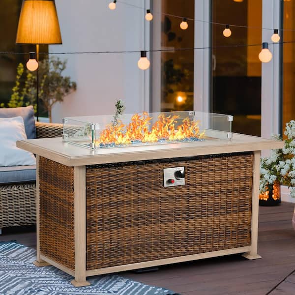 Cesicia 50 in. x 24.8 in. H Propane Fire Pit Table, Rattan Fire Pit Table with 50,000 BTU Gas Fire pits, Brown Wicker
