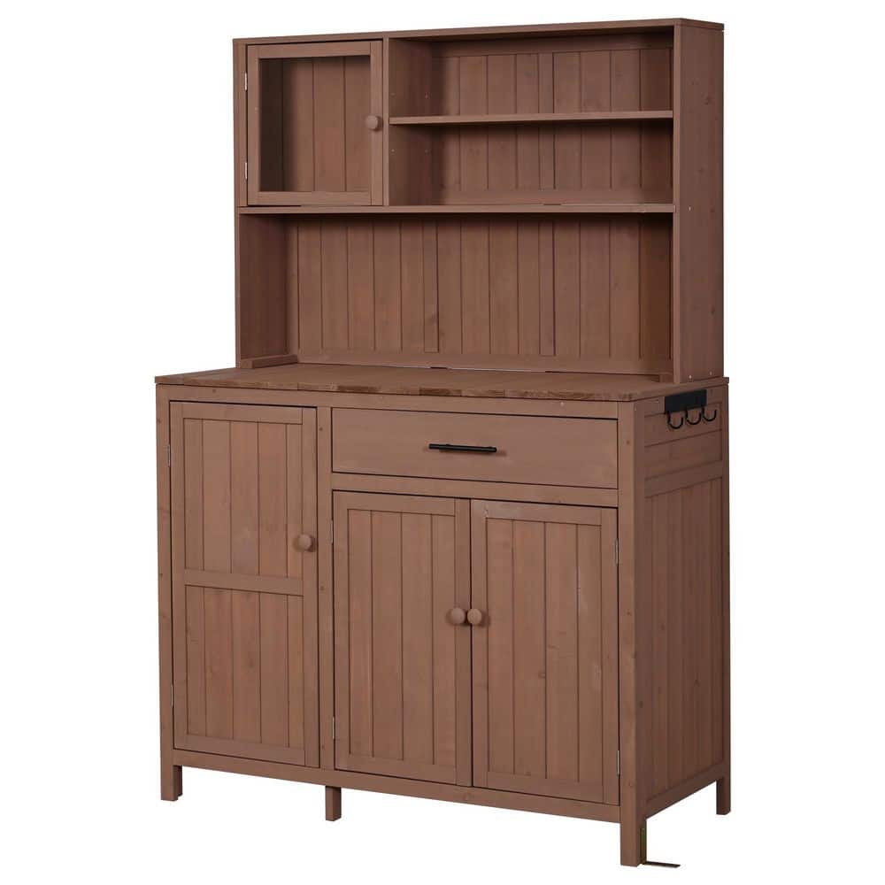 Hazina 44.6 in. W x 19.5 in. D x 65 in. H Brown Wood Outdoor Potting Bench with 4 Doors and Shelves