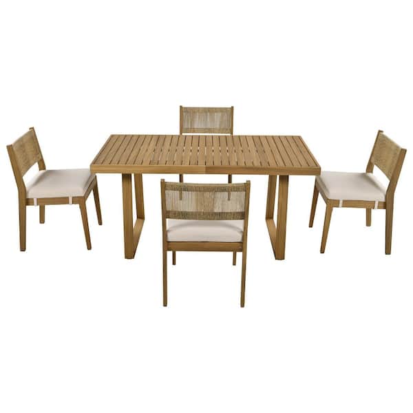 Unbranded 5-Piece Acacia Wood Outdoor Dining Table and Chair Set with Beige Thick Cushions for Balcony, Vourtyard, and Garden