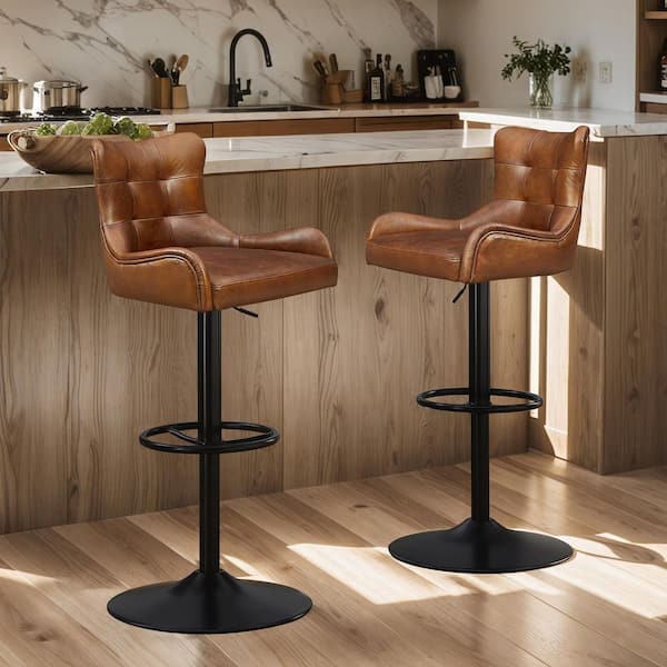 Art Leon Fiolo Cognac Adjustable 23.6 in Seat Height Genuine Leather Swivel Barstool with Metal Frame
