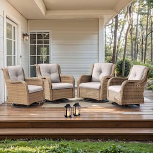 4-Piece Yellow Swivel Glider Wicker Outdoor Rocking Chair with Beige Cushions and Curved Armrest