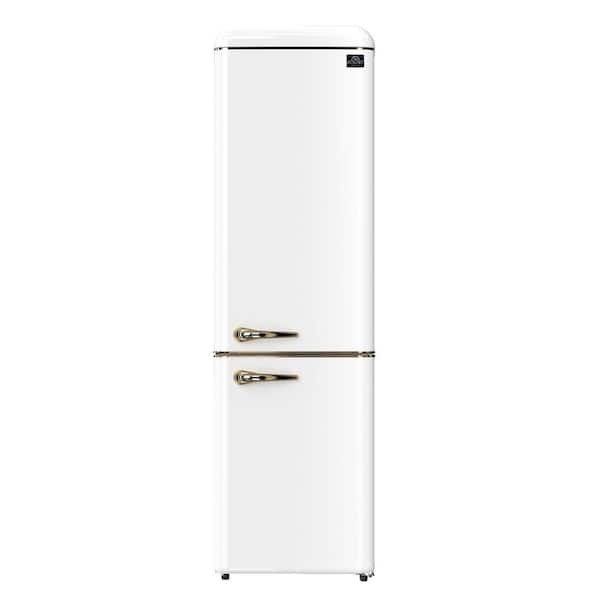 Storico 22" Retro Bottom Freezer Fridge in White, 9 cu. ft, Copper-Tone Handles