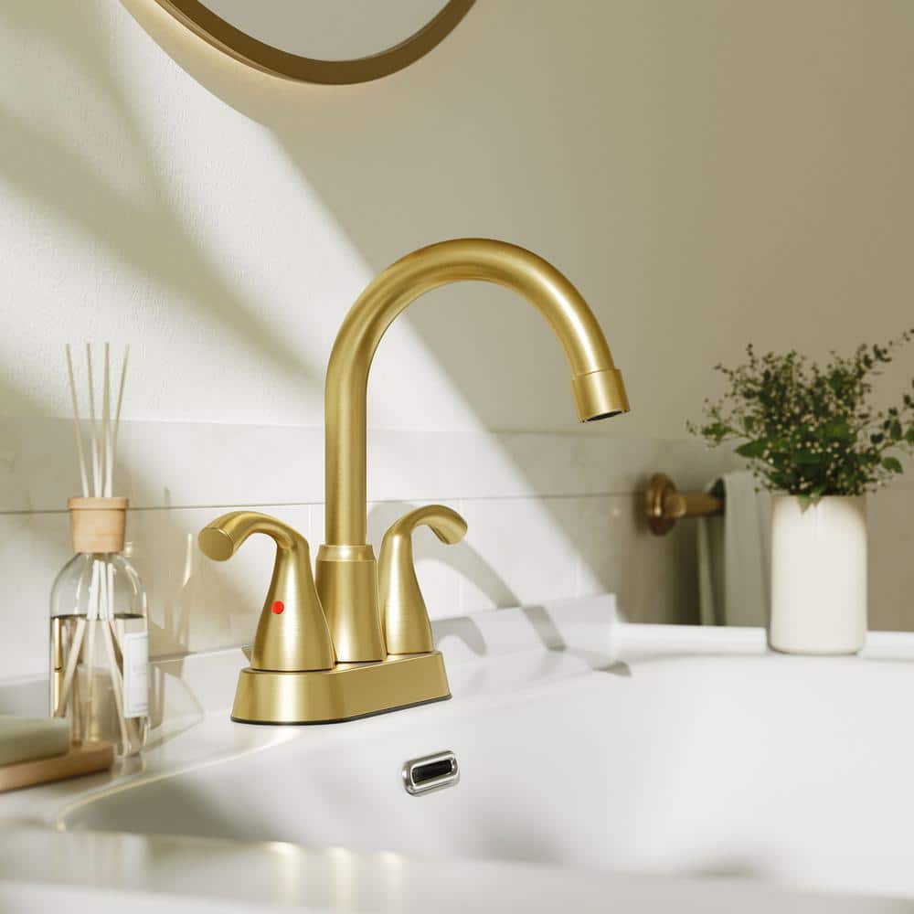 Brushed Gold Double Handle High Arc Bathroom Faucet with Drain Kit