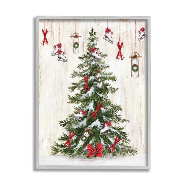 Stupell Industries Ice Skates and Sleds on Tree by Emma Leach 1-Piece Framed Graphic Print Nature Poster Art Print 14 in. x 11 in.