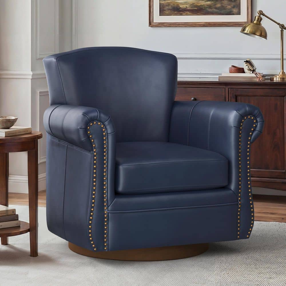 OrangeOne Oubo Navy Mid-century Genuine Leather Curved Highback