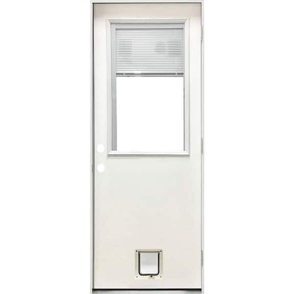 Steves & Sons 32 in. x 80 in. Reliant Series Clear Mini-Blind LHOS White Primed Fiberglass Prehung Front Door with Small Cat Door