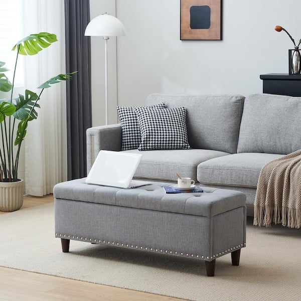 Gray Linen Rectangle Storage Medium (43.31 in. ) Ottoman with Copper Nail Design