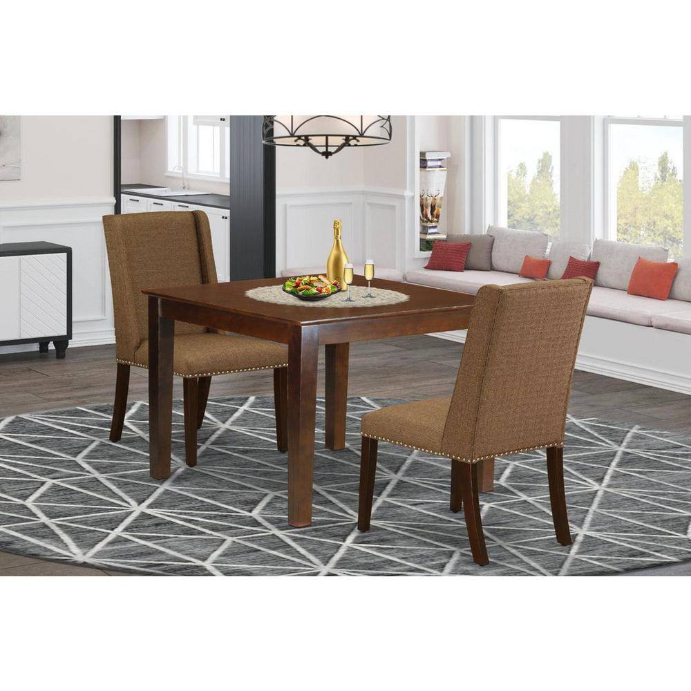Mahogany 36'' Square Dining Table with Brown Linen Chairs