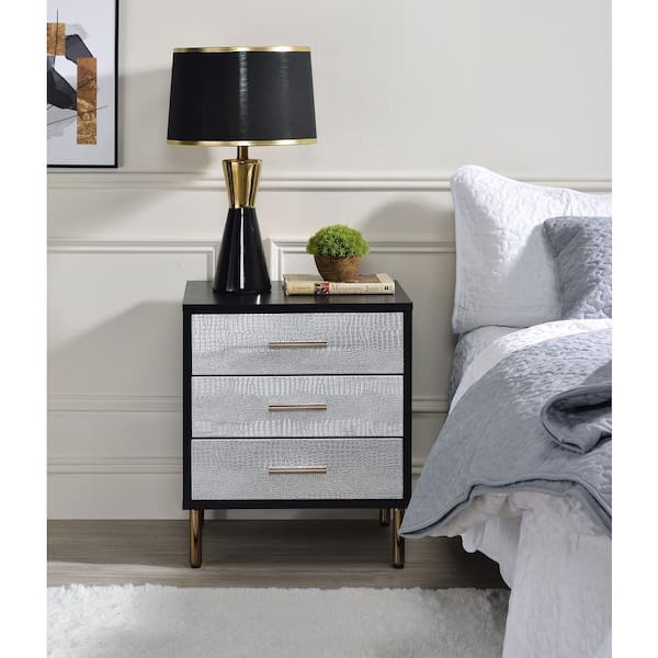 Acme Furniture Myles Black, Silver and Gold Nightstand with Drawers 19 in. W x 16 in. D x 23 in. H