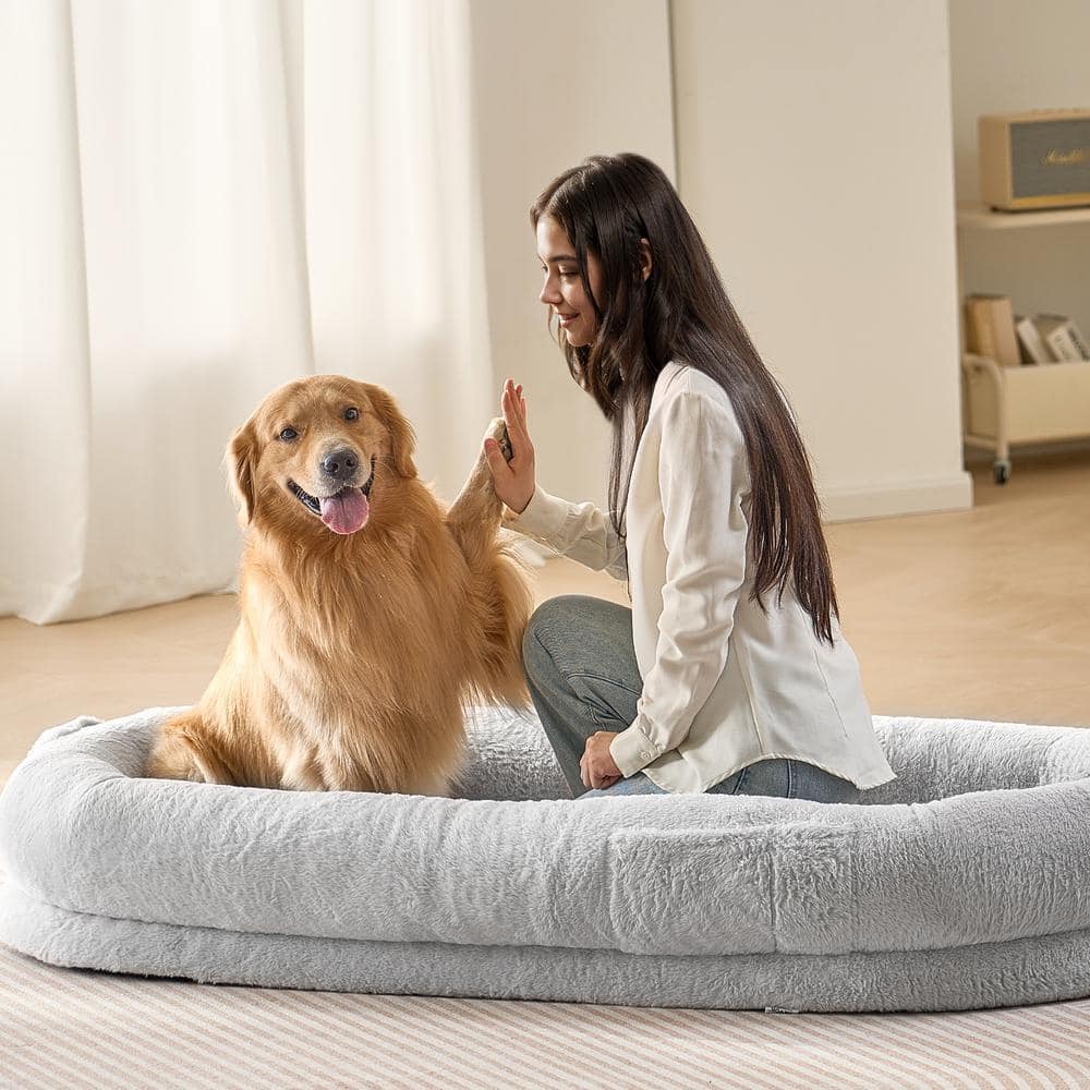 Large Light Gray Orthopedic Human Dog Bed with Faux Rabbit Fur