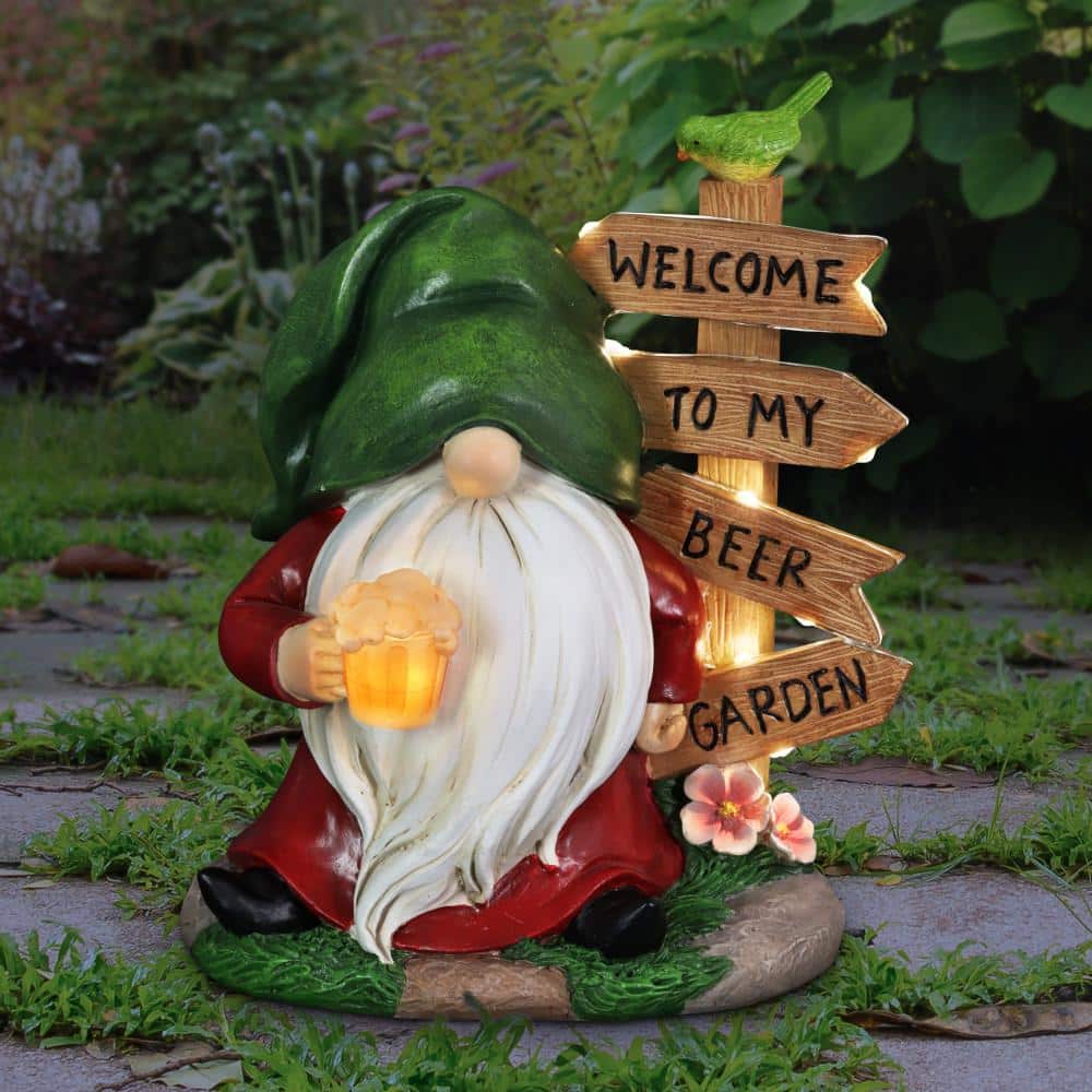 Solar Gnome with Welcome to My Beer Garden Sign