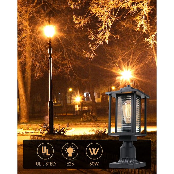 JAZAVA Outdoor Post Light Fixture Mounted Exterior Post Lantern One-Light LED Street Light for Patio with 3-Inch Pier Mount Base Pier Mount Lights with Black Finish Seeded Glass 