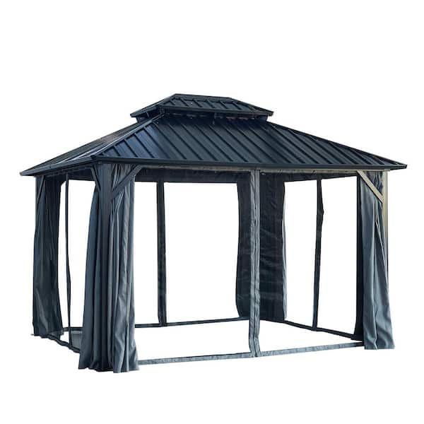 Unbranded 12 ft. x 10 ft. Double-Roof Aluminum Outdoor Permanent Hardtop Gazebo with Netting and Curtains
