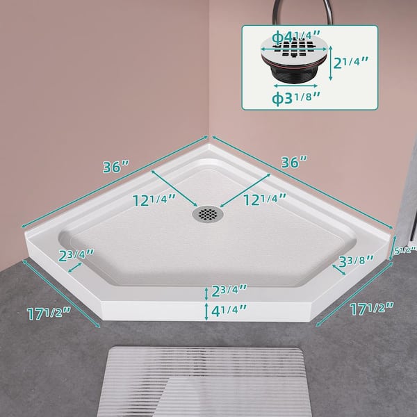 36 in. L x 36 in. W Neo Angle Corner Shower Pan Base with Corner Drain Shower Floor Pan in White Acrylic Shower Tray