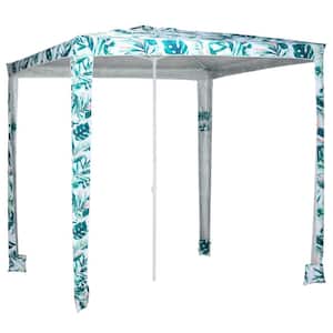 7.5 ft. Metal Beach Cabana Canopy Umbrella in Blue, White Coconut Palm with Sandbags and Carry Bag