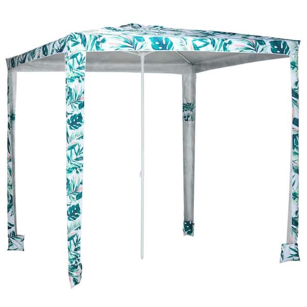 Outsunny 7.5 ft. Metal Beach Cabana Canopy Umbrella in Blue, White Coconut Palm with Sandbags and Carry Bag