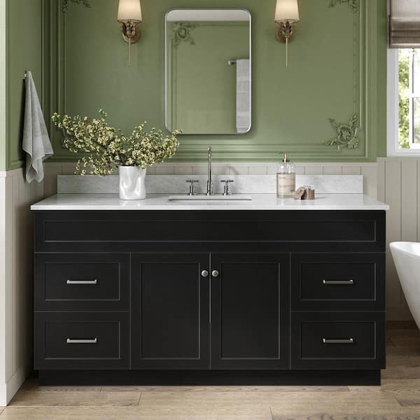 Hamlet 66 in. W x 22 in. D x 35.25 Single Sink Freestanding Bath Vanity in Black with Carrara White Marble Top