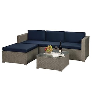 Gray 5-Piece Wicker Outdoor Sectional Set Patio Sofa Set with Navy Cushion and Coffee Table
